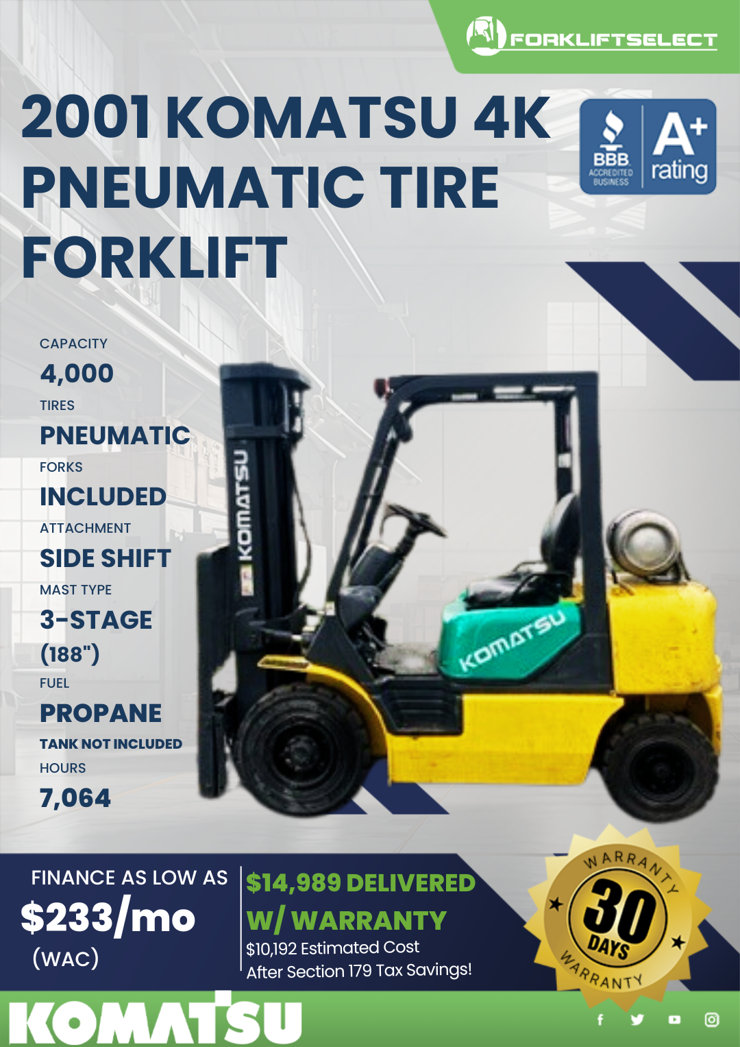 2001 KOMATSU 4K PNEUMATIC TIRE FORKLIFT