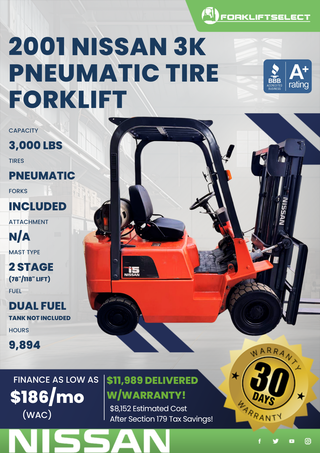 2001 NISSAN 3K PNEUMATIC TIRE FORKLIFT