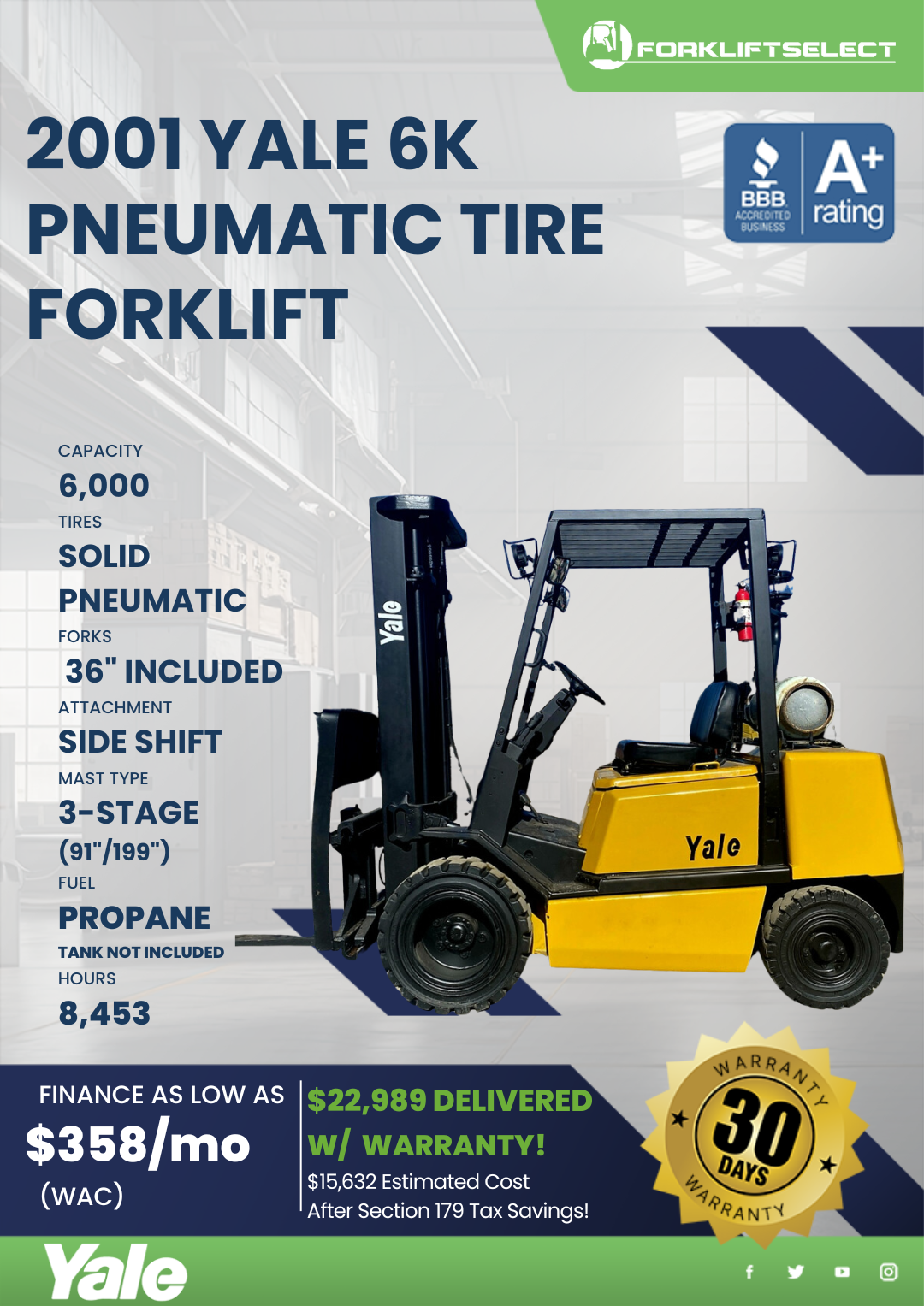 2001 YALE 6K PNEUMATIC TIRE FORKLIFT