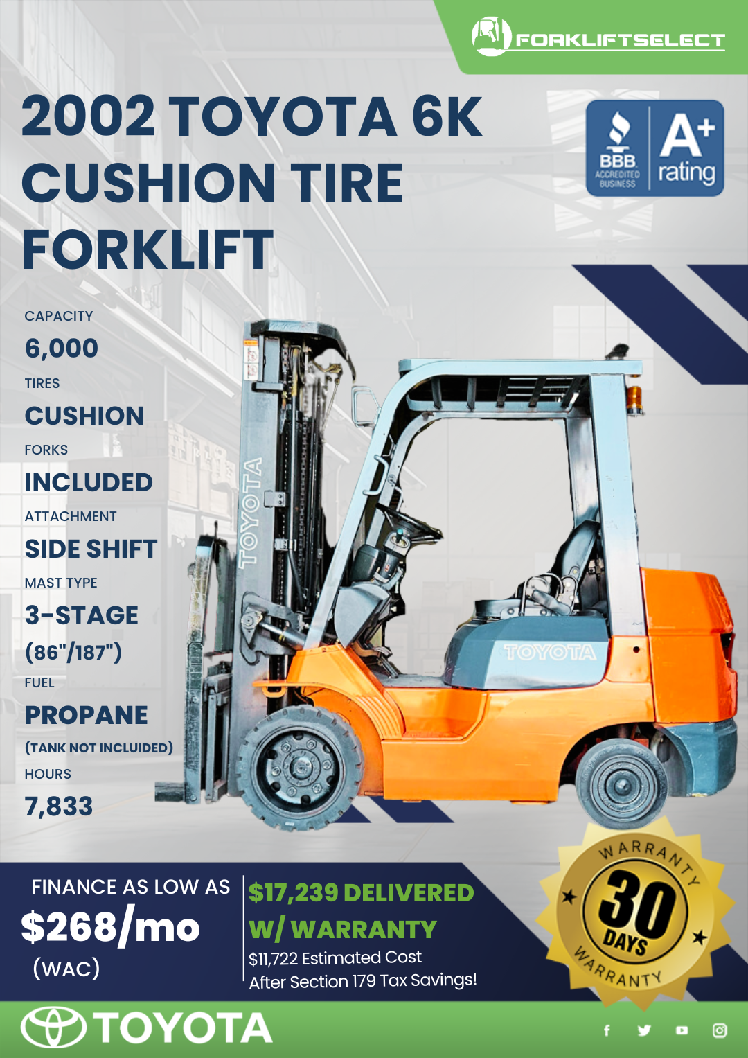 2002 TOYOTA 6K CUSHION TIRE FORKLIFT