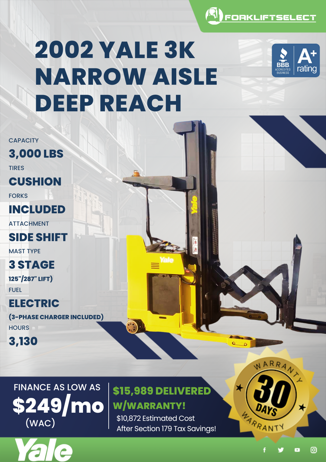 2002 YALE 3K NARROW AISLE DEEP REACH