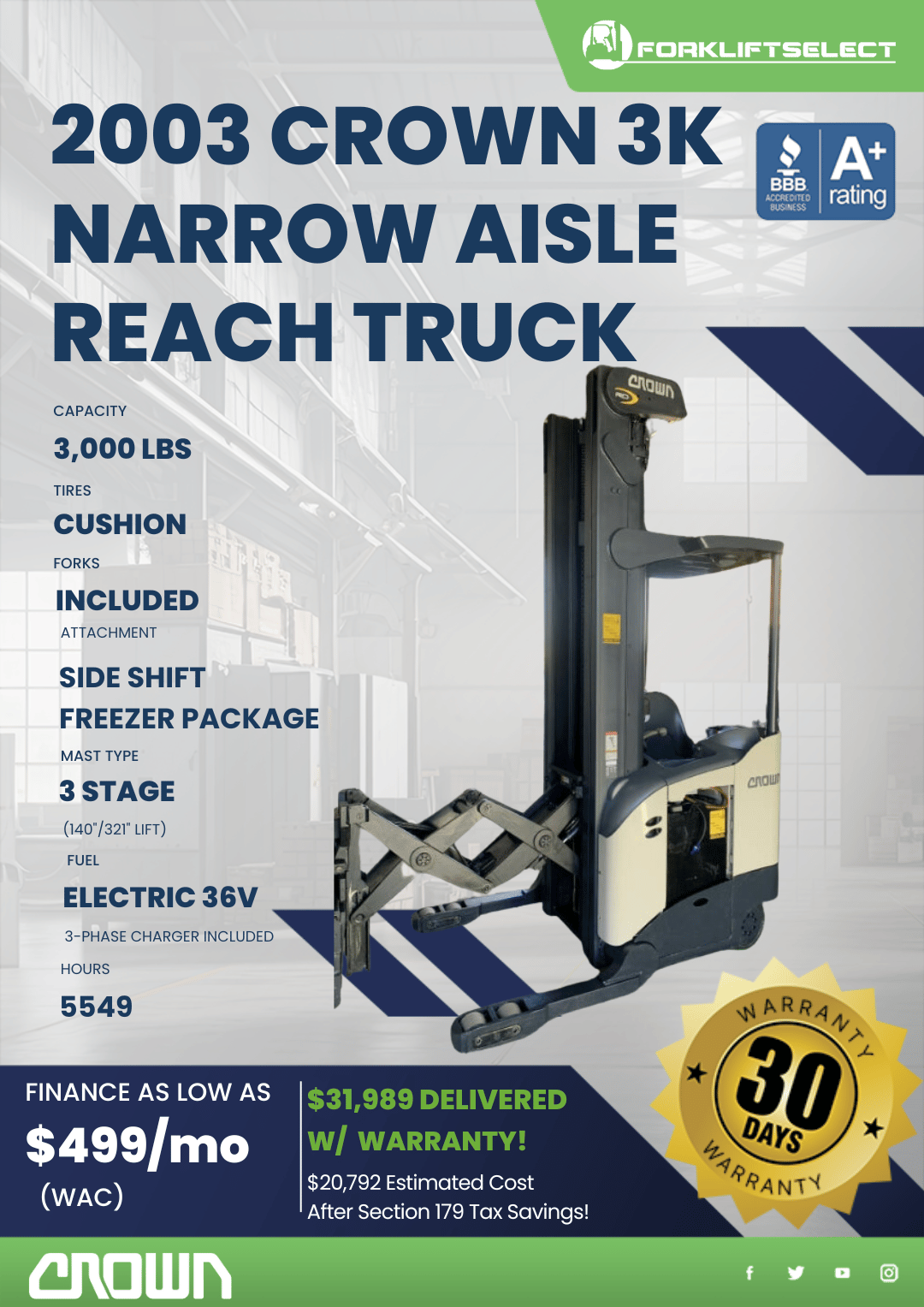 2003 CROWN 3K NARROW AISLE REACH TRUCK