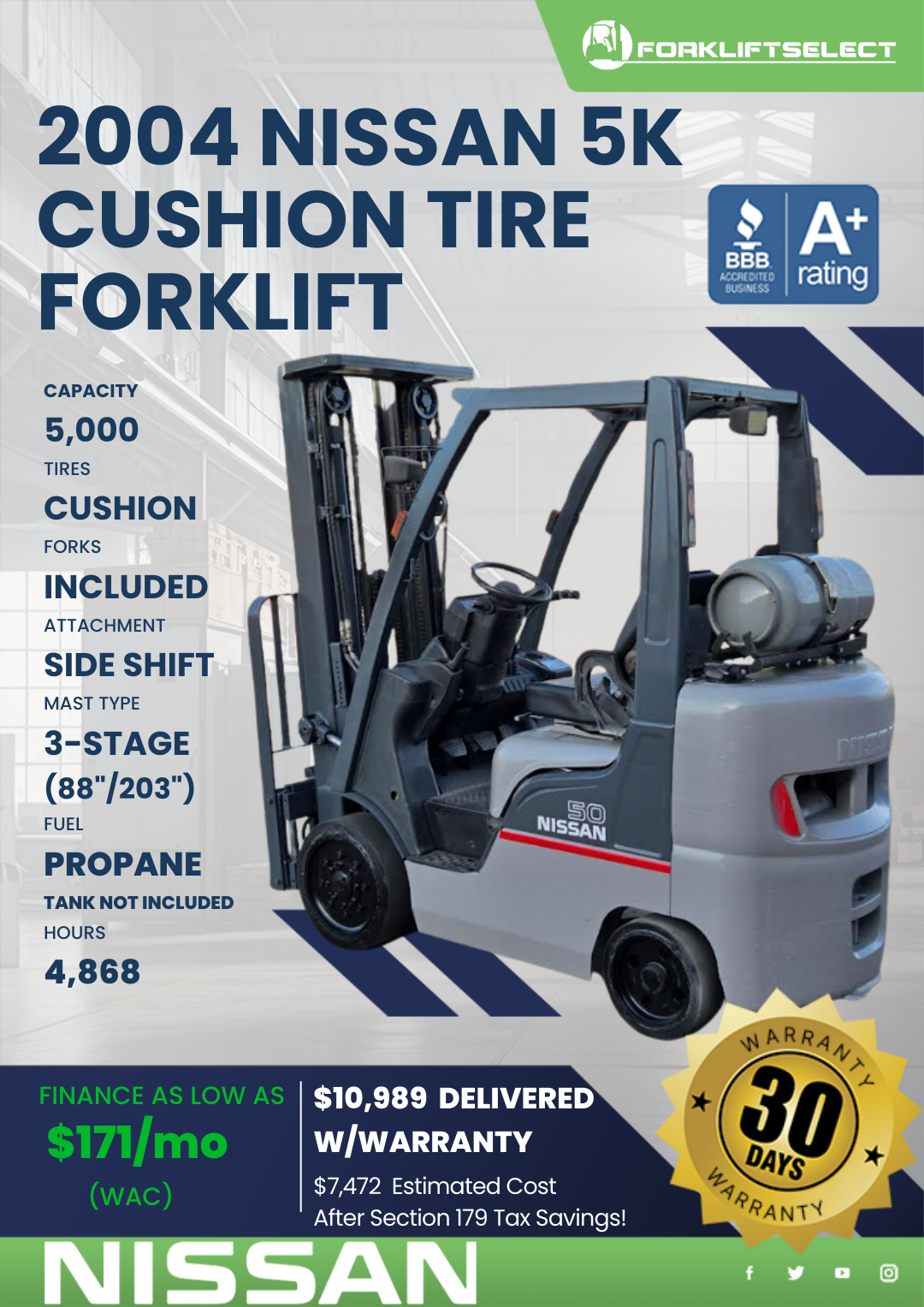 2004 NISSAN 5K CUSHION TIRE FORKLIFT