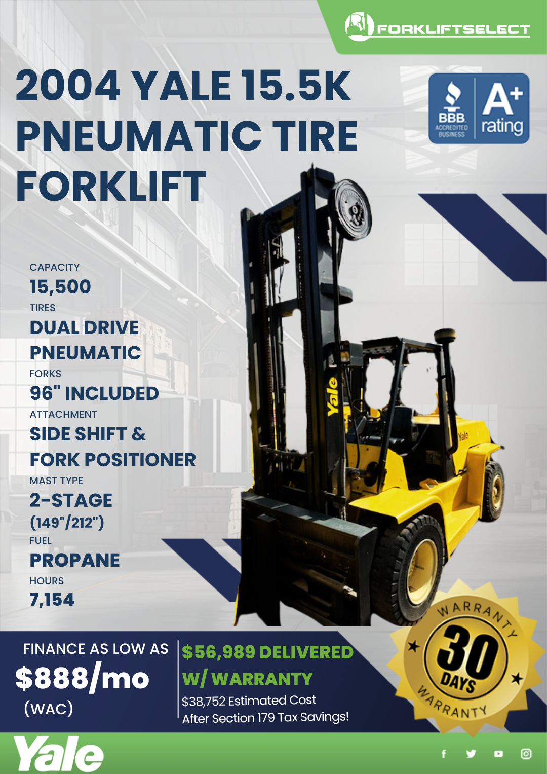 2004 YALE 15.5K PNEUMATIC TIRE FORKLIFT