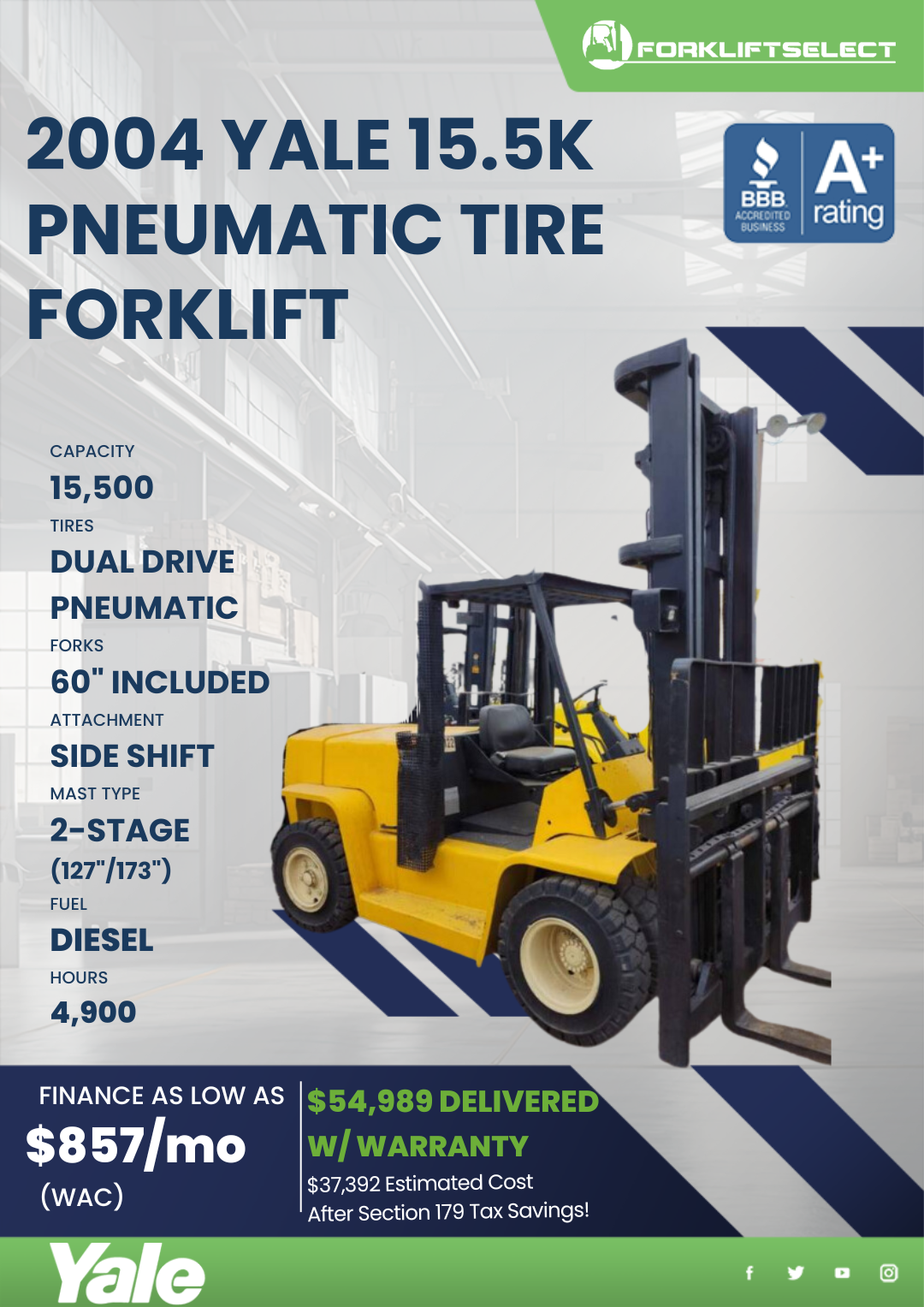 2004 YALE 15.5K PNEUMATIC TIRE FORKLIFT