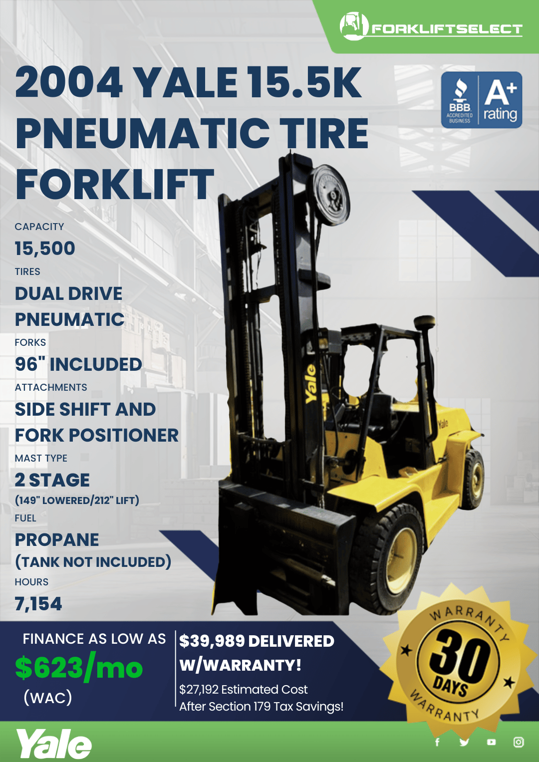 2004 YALE 15.5K PNEUMATIC TIRE FORKLIFT
