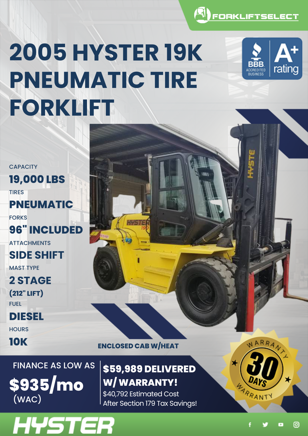 2005 HYSTER 19K PNEUMATIC TIRE FORKLIFT