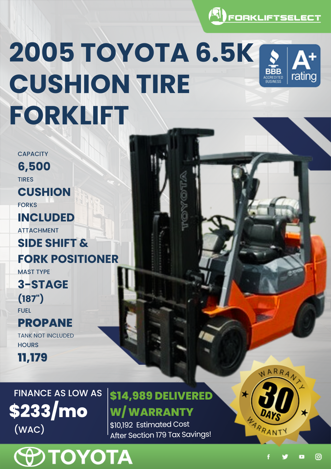 2005 TOYOTA 6.5K CUSHION TIRE FORKLIFT