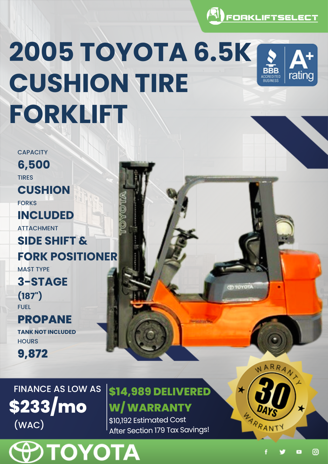 2005 TOYOTA 6.5K CUSHION TIRE FORKLIFT
