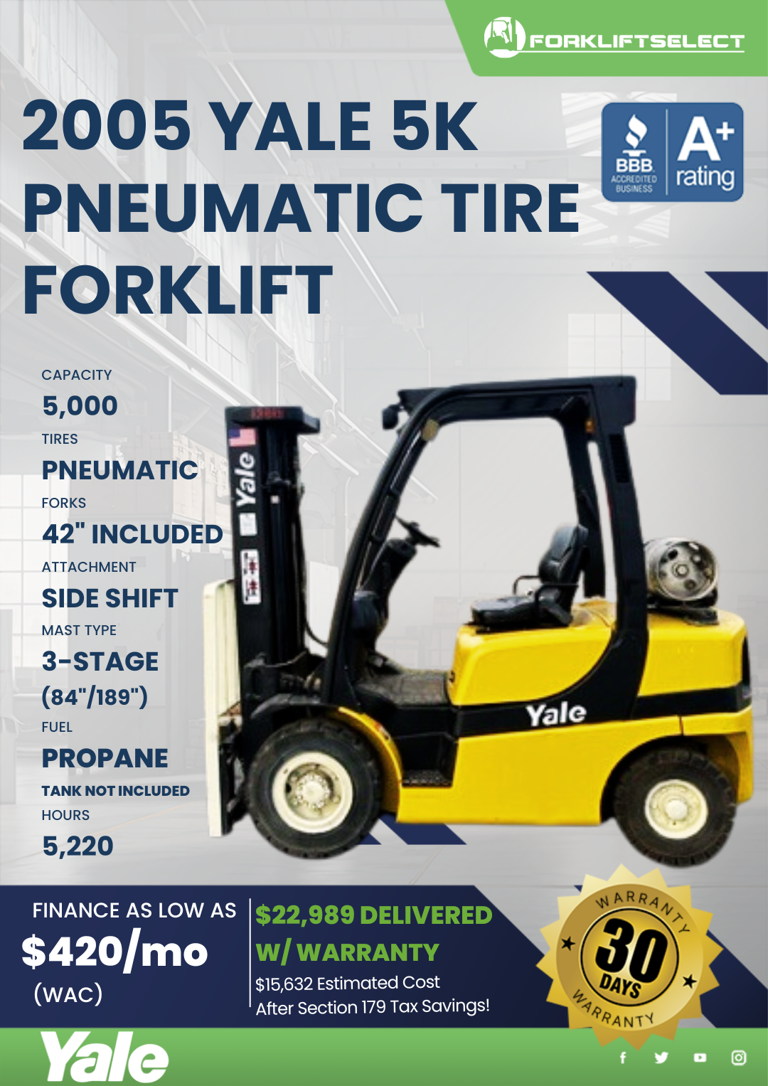 2005 YALE 5K PNEUMATIC TIRE FORKLIFT