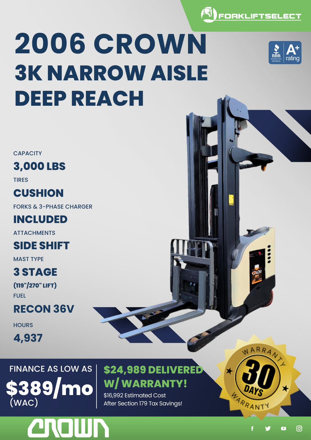 2013 CROWN 3K NARROW AISLE DEEP REACH