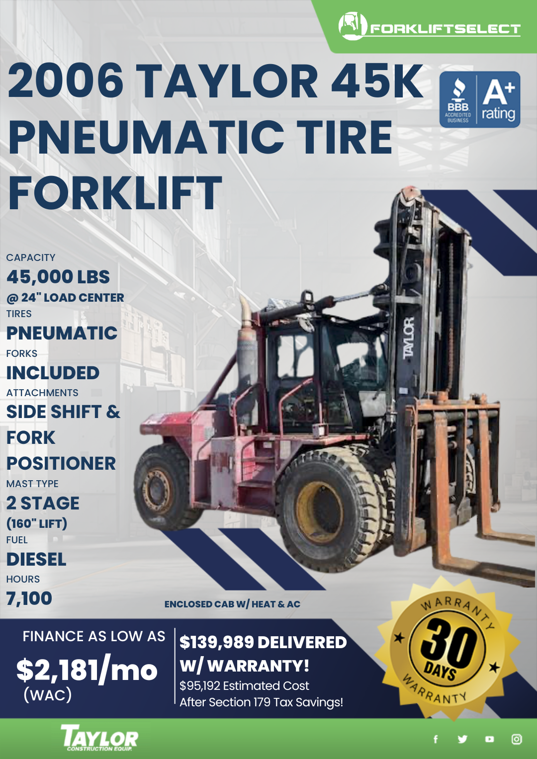 2006 TAYLOR 45K PNEUMATIC TIRE FORKLIFT