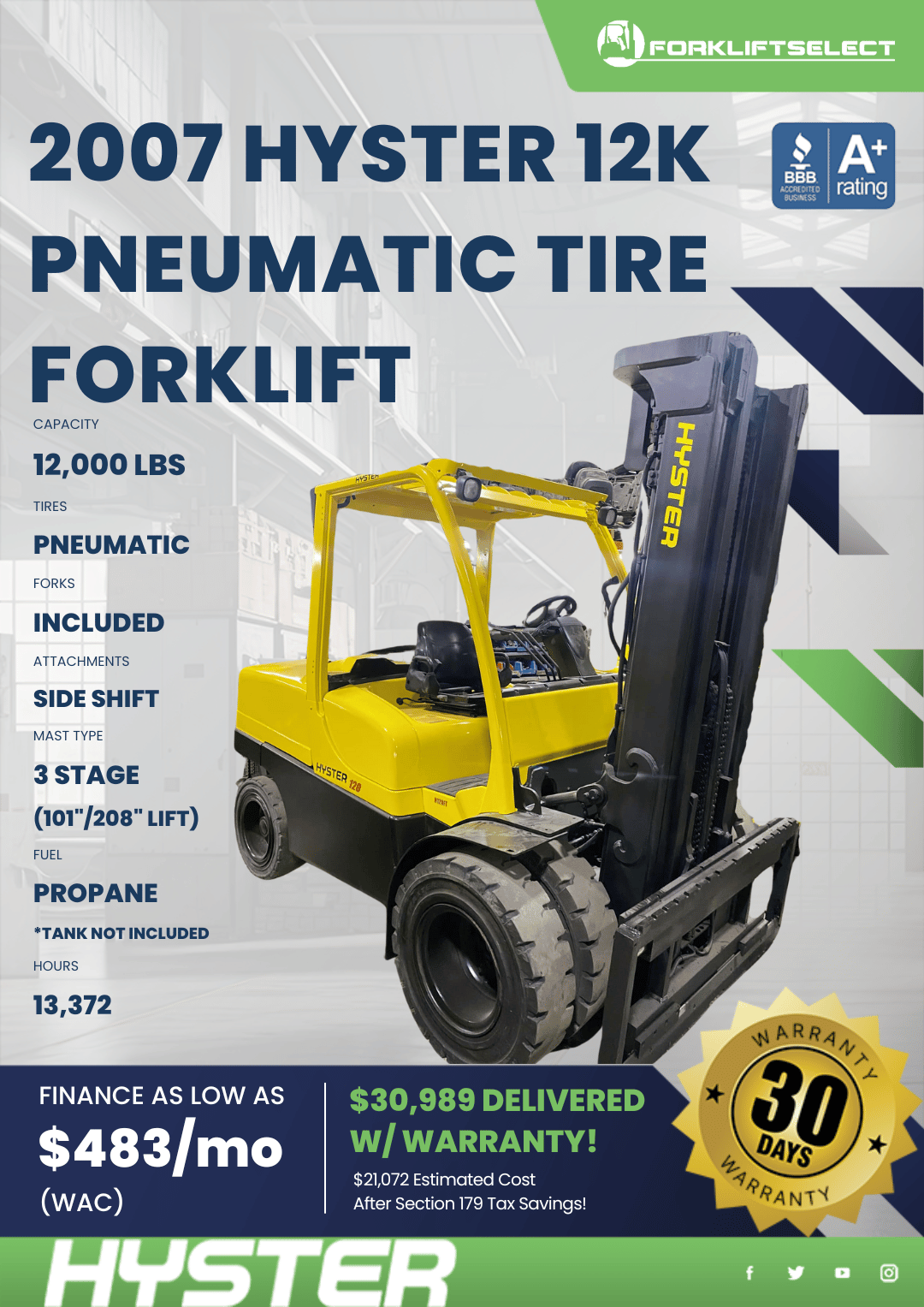 2007 HYSTER 12K PNEUMATIC TIRE FORKLIFT