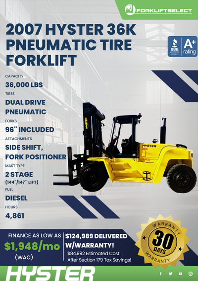 2007 HYSTER 36K PNEUMATIC TIRE FORKLIFT