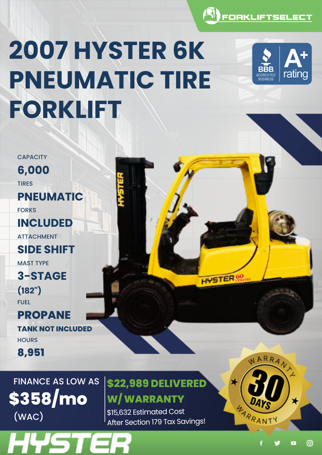 2007 HYSTER 6K PNEUMATIC TIRE FORKLIFT