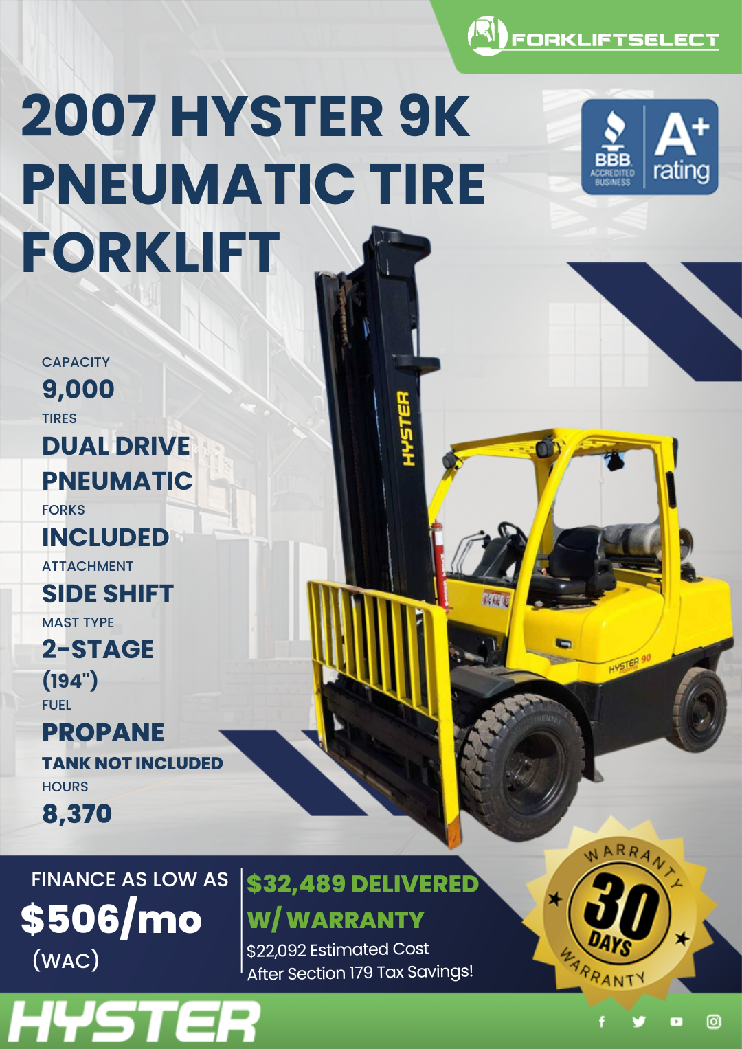 2007 HYSTER 9K PNEUMATIC TIRE FORKLIFT