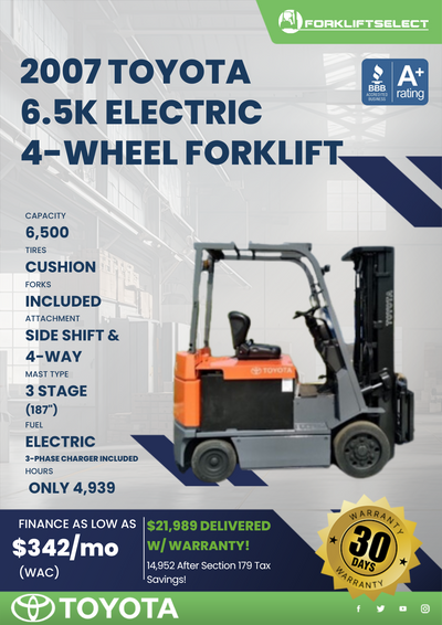 2007 TOYOTA 6.5K ELECTRIC 4-WHEEL FORKLIFT