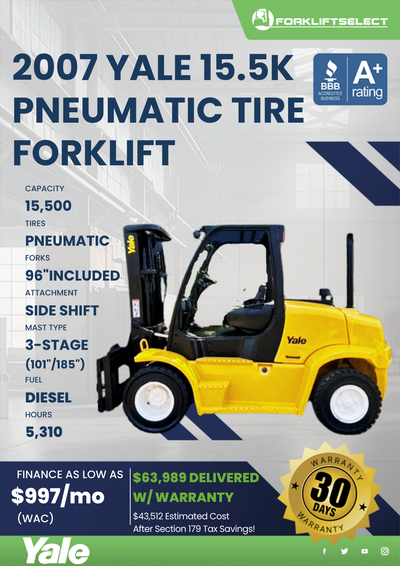 2007 YALE 15.5K PNEUMATIC TIRE FORKLIFT