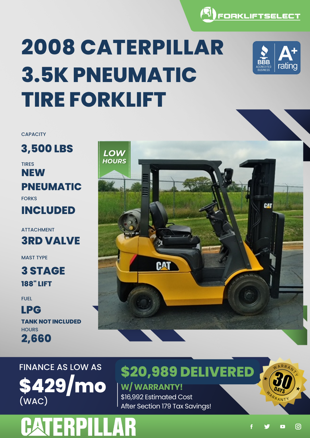 2008 CAT 3.5K PNEUMATIC TIRE FORKLIFT