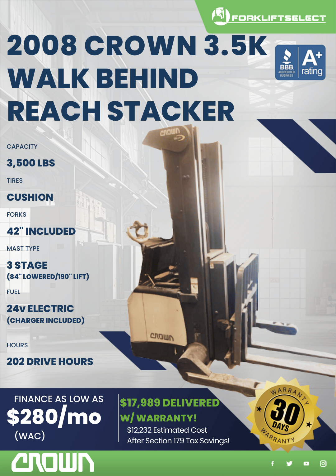 2008 CROWN 3.5K WALK BEHIND REACH STACKER