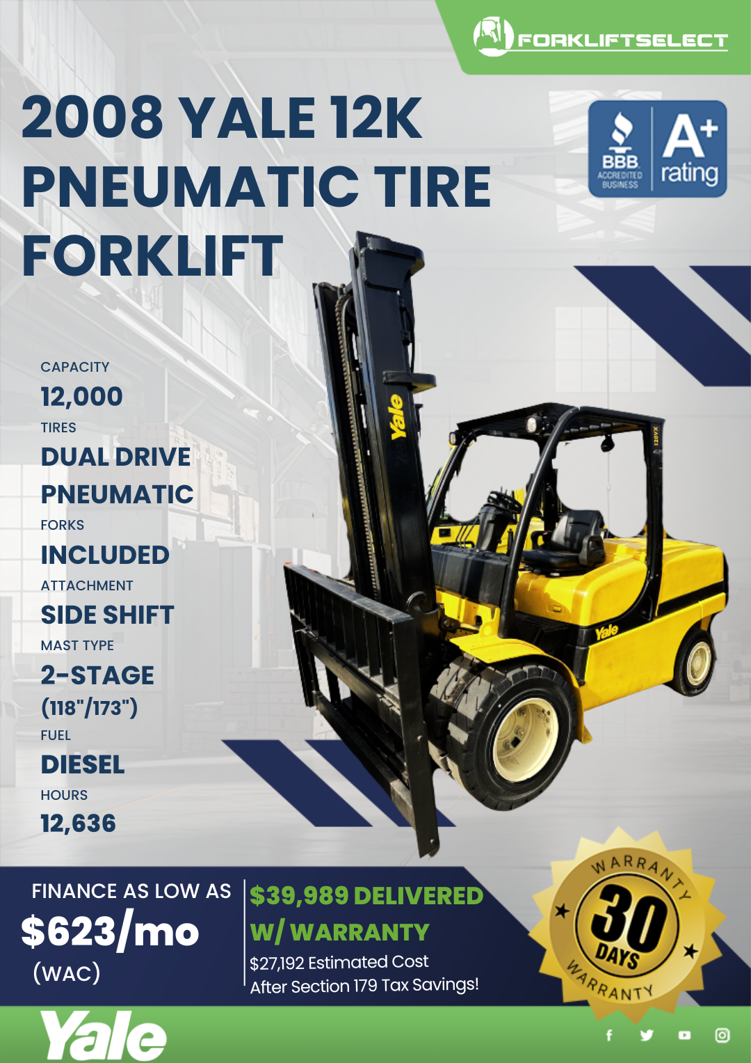 2008 YALE 12K PNEUMATIC TIRE FORKLIFT
