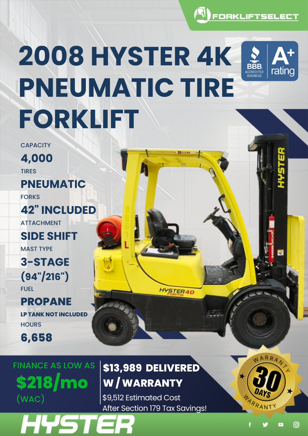 2008 HYSTER 4K PNEUMATIC TIRE FORKLIFT