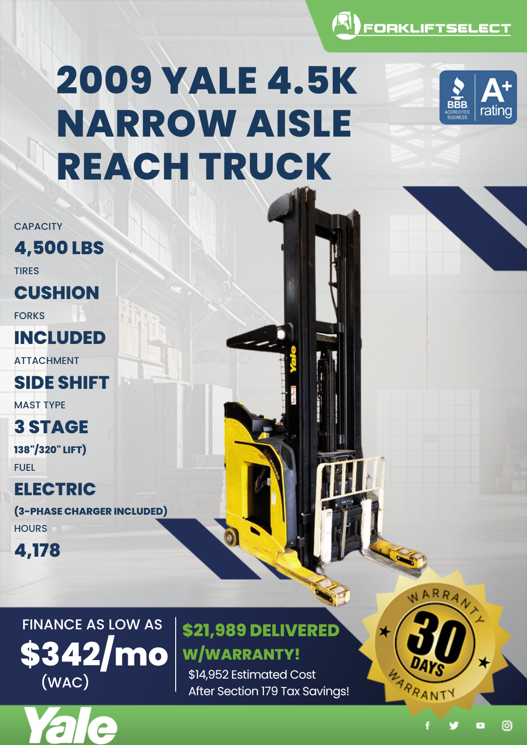 2009 YALE 4.5K NARROW AISLE REACH TRUCK