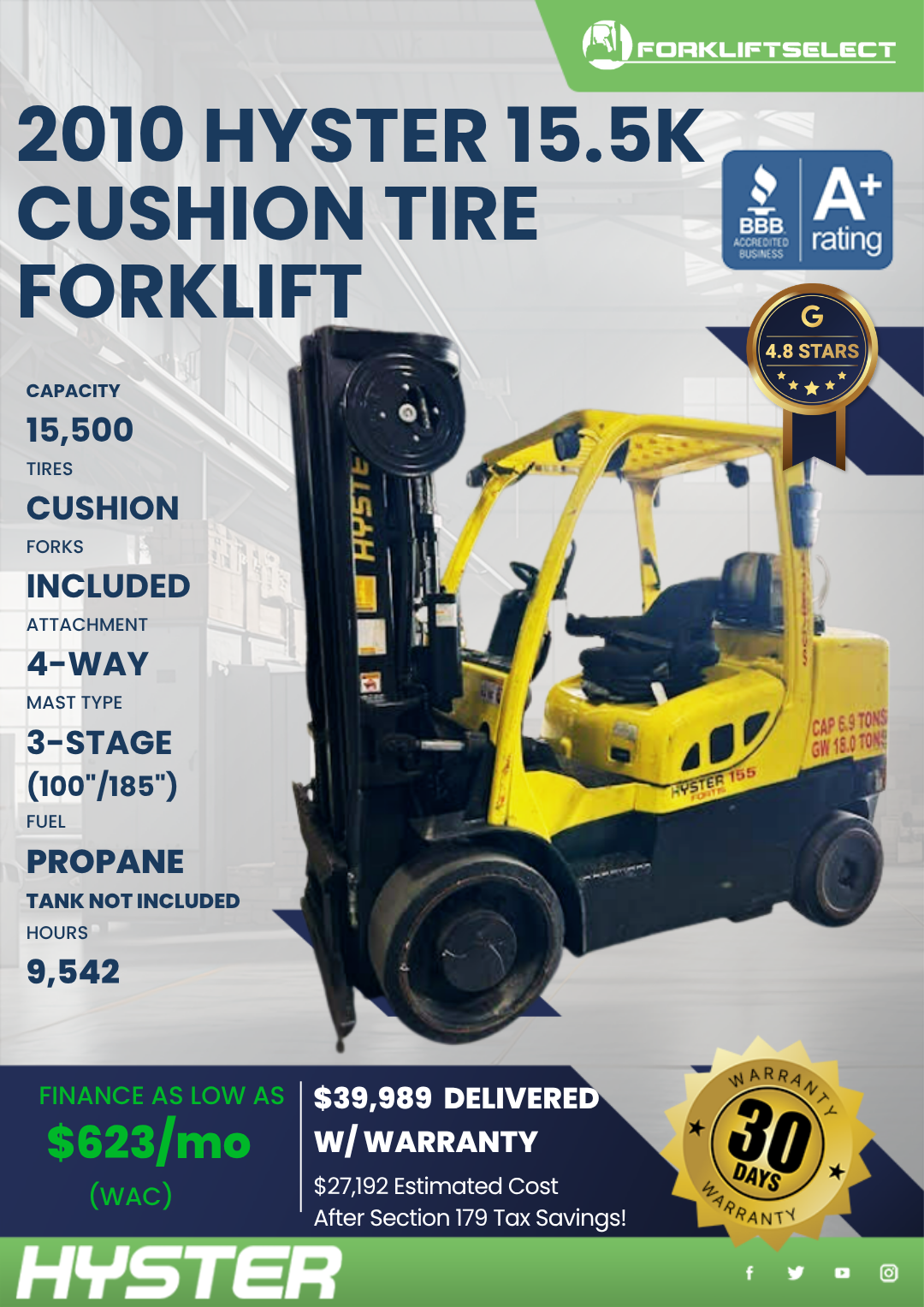 2010 HYSTER 10K CUSHION TIRE FORKLIFT
