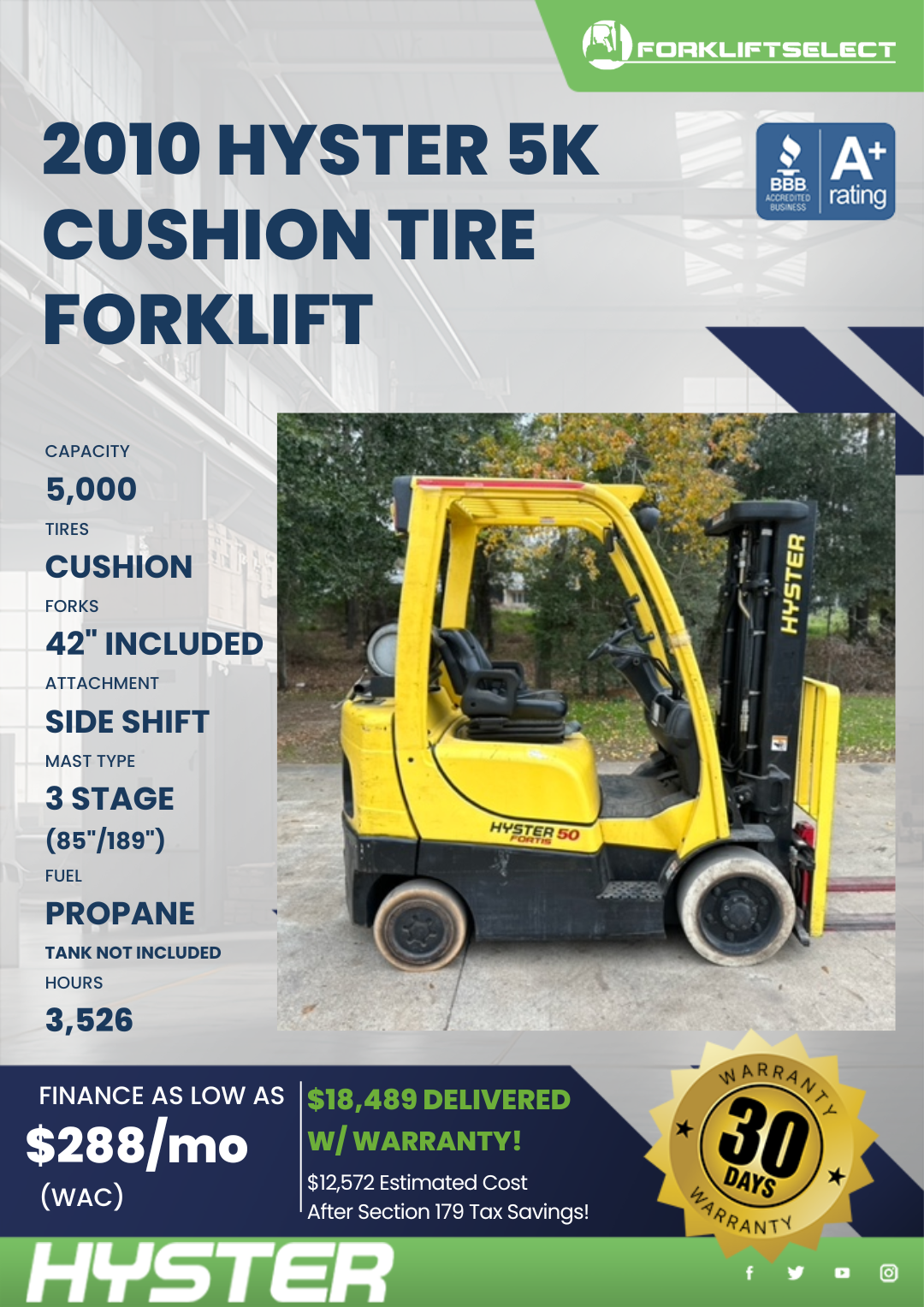 2010 HYSTER 5K CUSHION TIRE FORKLIFT