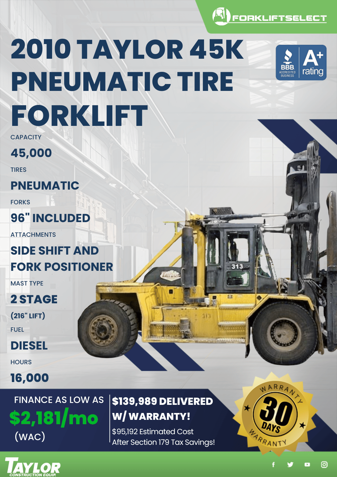 2010 TAYLOR 45K PNEUMATIC TIRE FORKLIFT