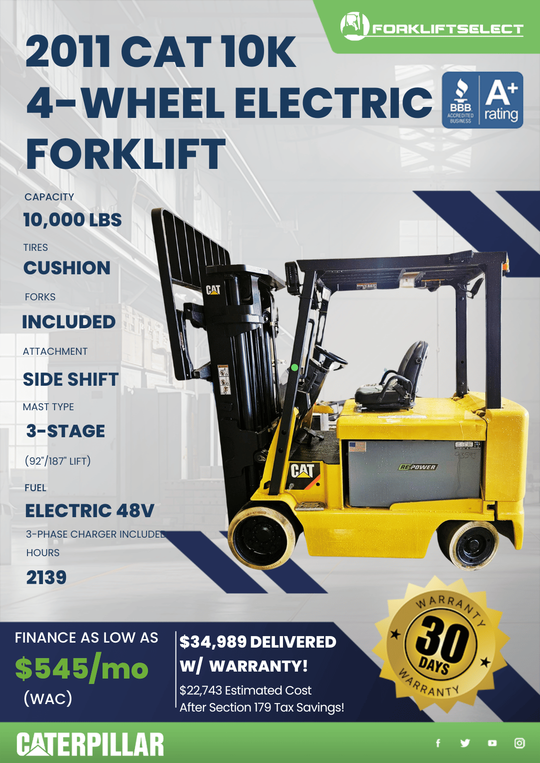 2011 CAT 10K 4-WHEEL ELECTRIC FORKLIFT