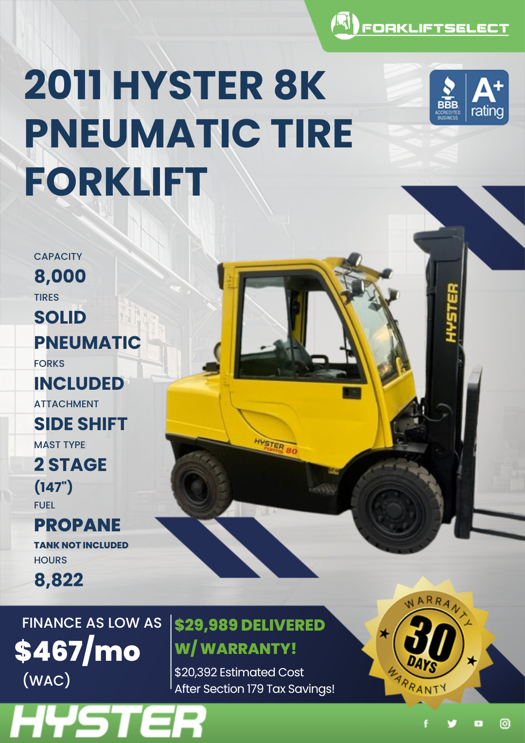2011 HYSTER 8K PNEUMATIC TIRE FORKLIFT