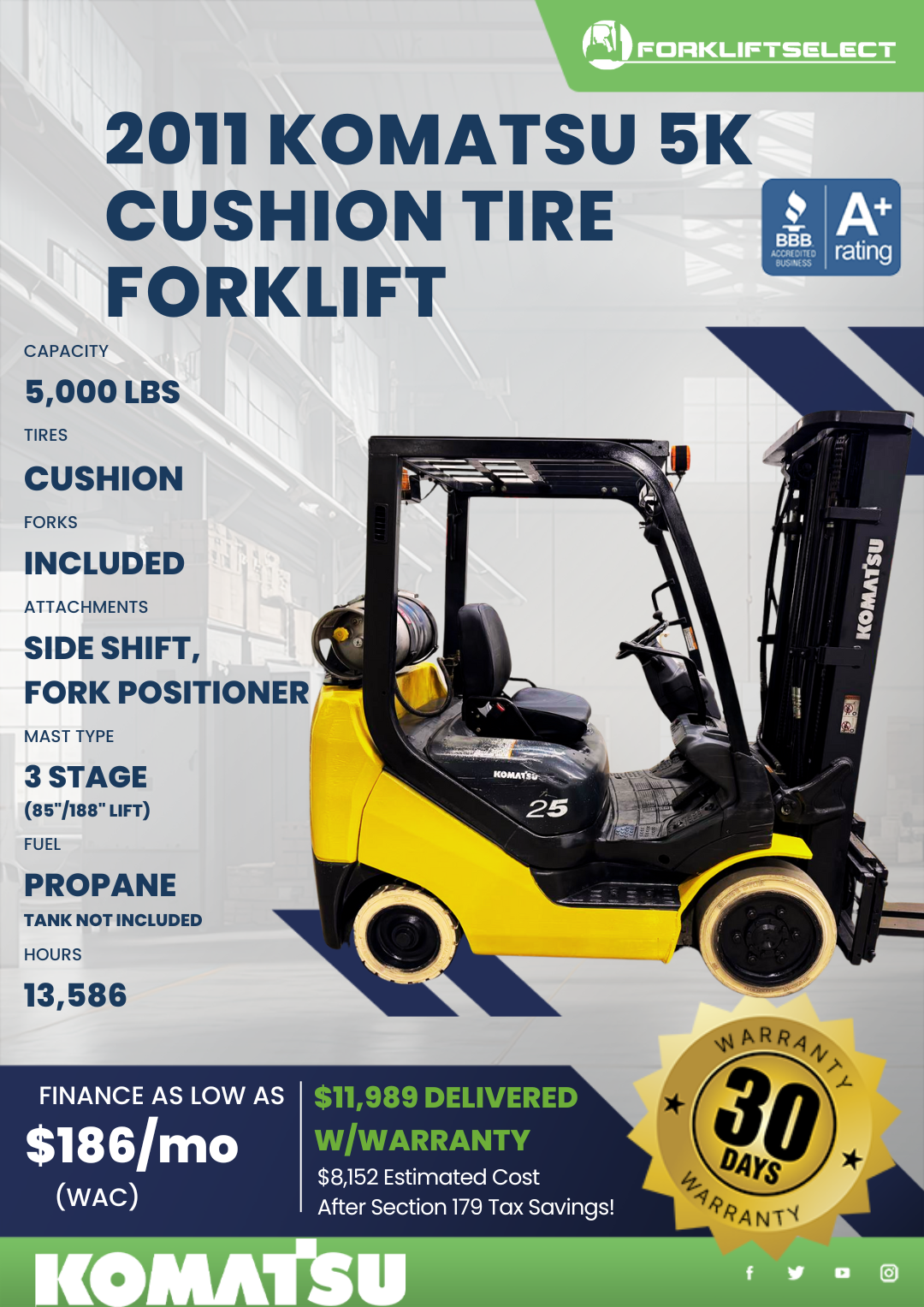 2011 KOMATSU 5K CUSHION TIRE FORKLIFT