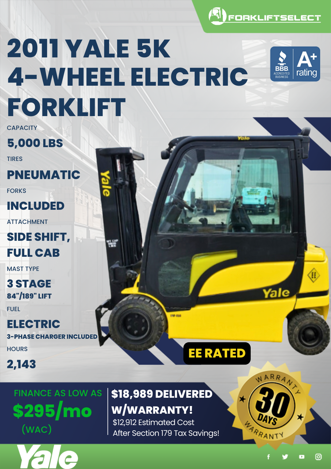 2011 YALE 5K 4- WHEEL ELECTRIC FORKLIFT