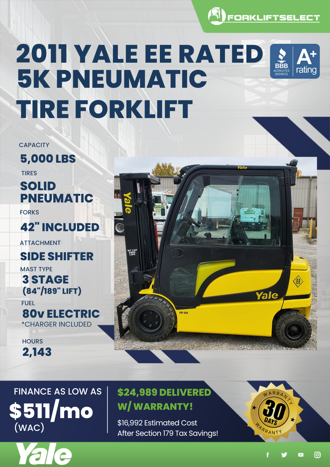 2011 YALE 5K PNEUMATIC TIRE FORKLIFT