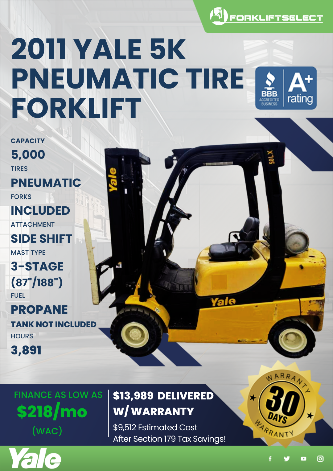 2011 YALE 5K PNEUMATIC TIRE FORKLIFT