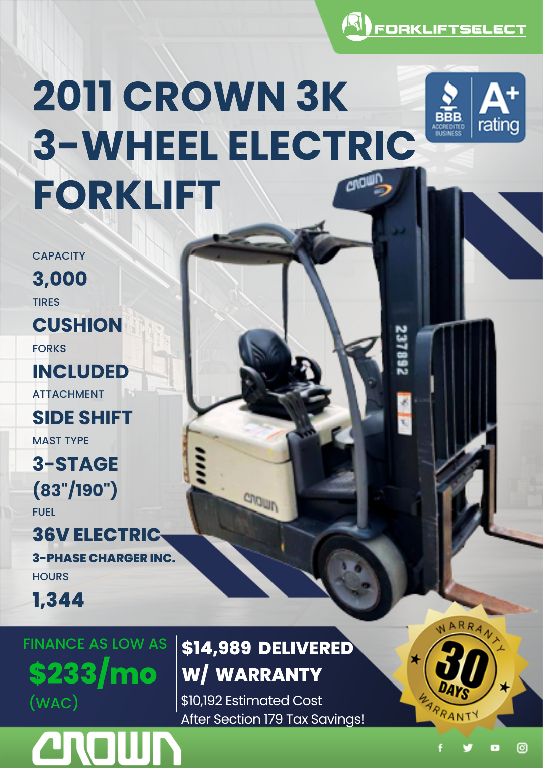 2011 CROWN 3K 3-WHEEL ELECTRIC FORKLIFT