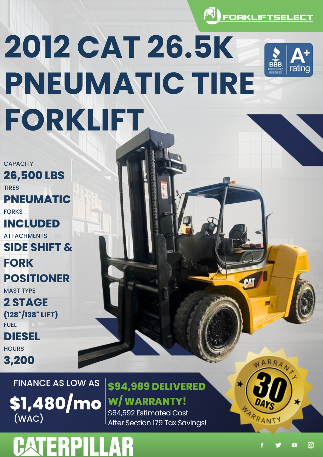 2012 CAT 26.5K PNEUMATIC TIRE FORKLIFT