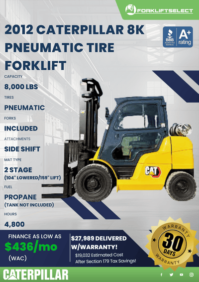 2012 CATERPILLAR 8K PNEUMATIC TIRE FORKLIFT