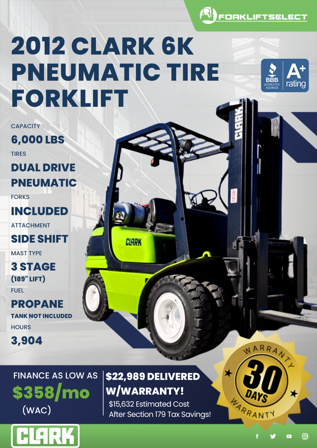 2012 CLARK PNEUMATIC TIRE FORKLIFT