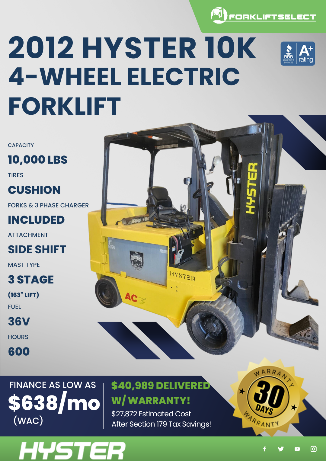 2012 HYSTER 10K 4-WHEEL ELECTRIC FORKLIFT