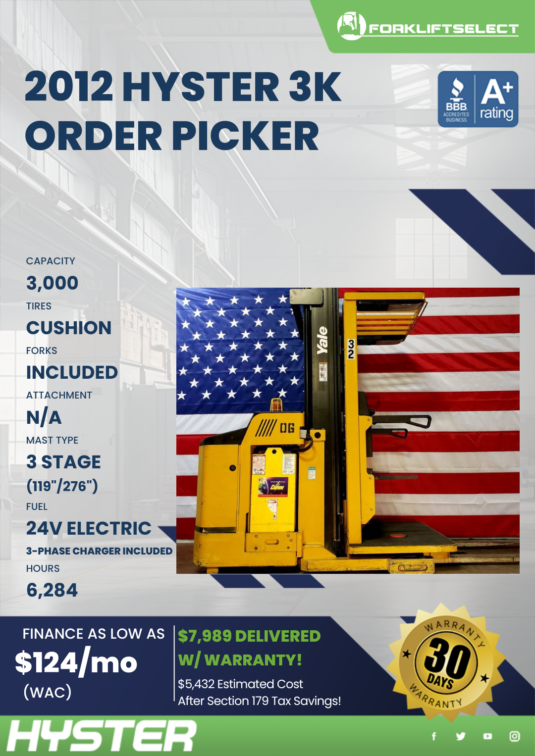 2012 HYSTER 3K CUSHION TIRE ORDER PICKER