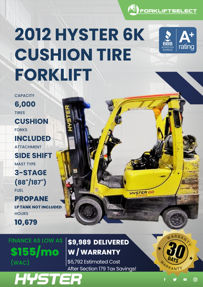 2012 HYSTER 6K CUSHION TIRE FORKLIFT