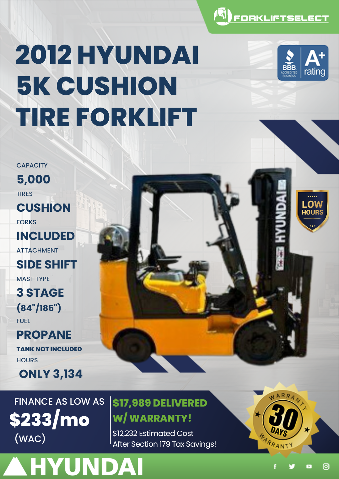 2012 HYUNDAI 5K CUSHION TIRE FORKLIFT