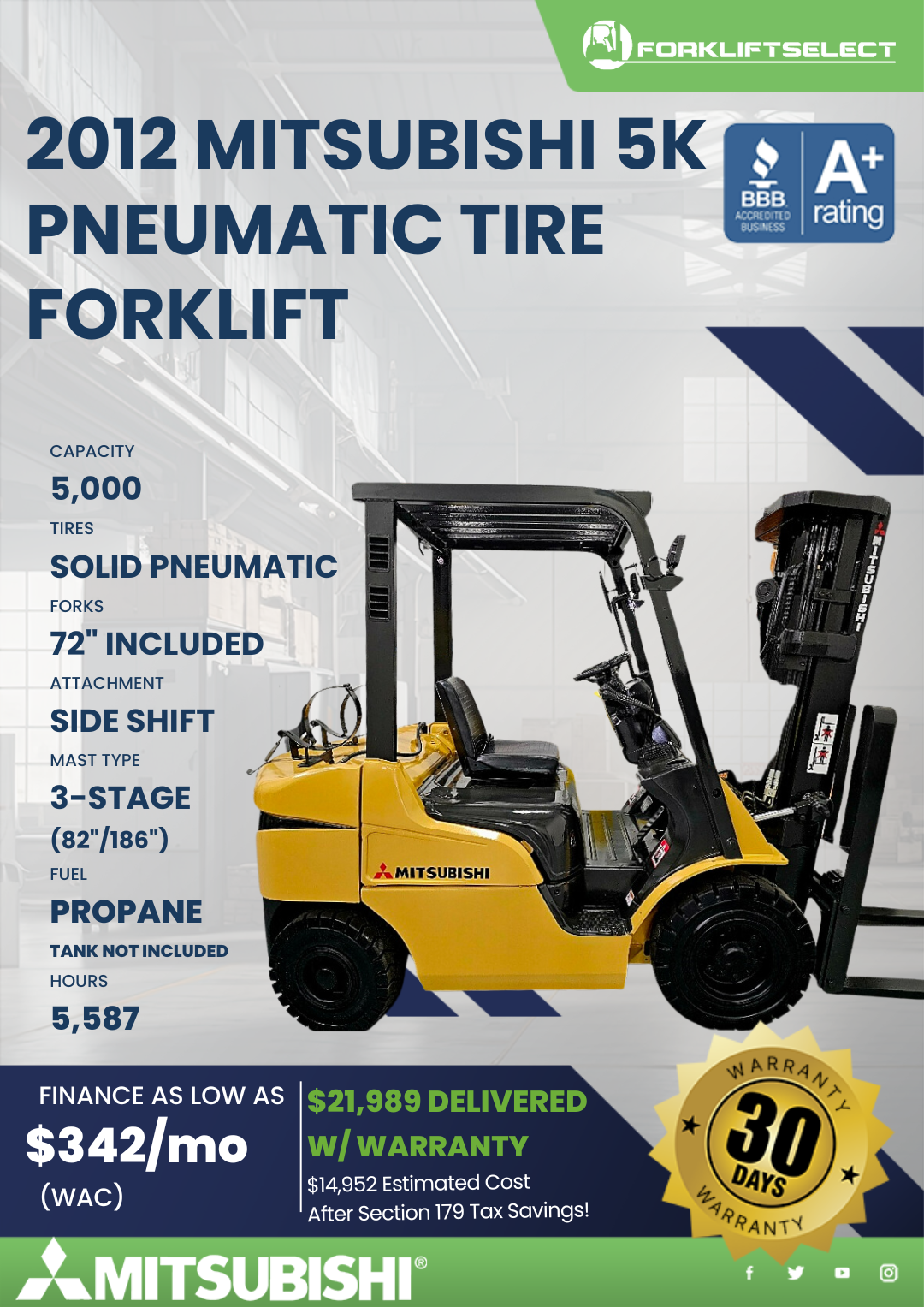 2012 MITSUBISHI 5K PNEUMATIC TIRE FORKLIFT