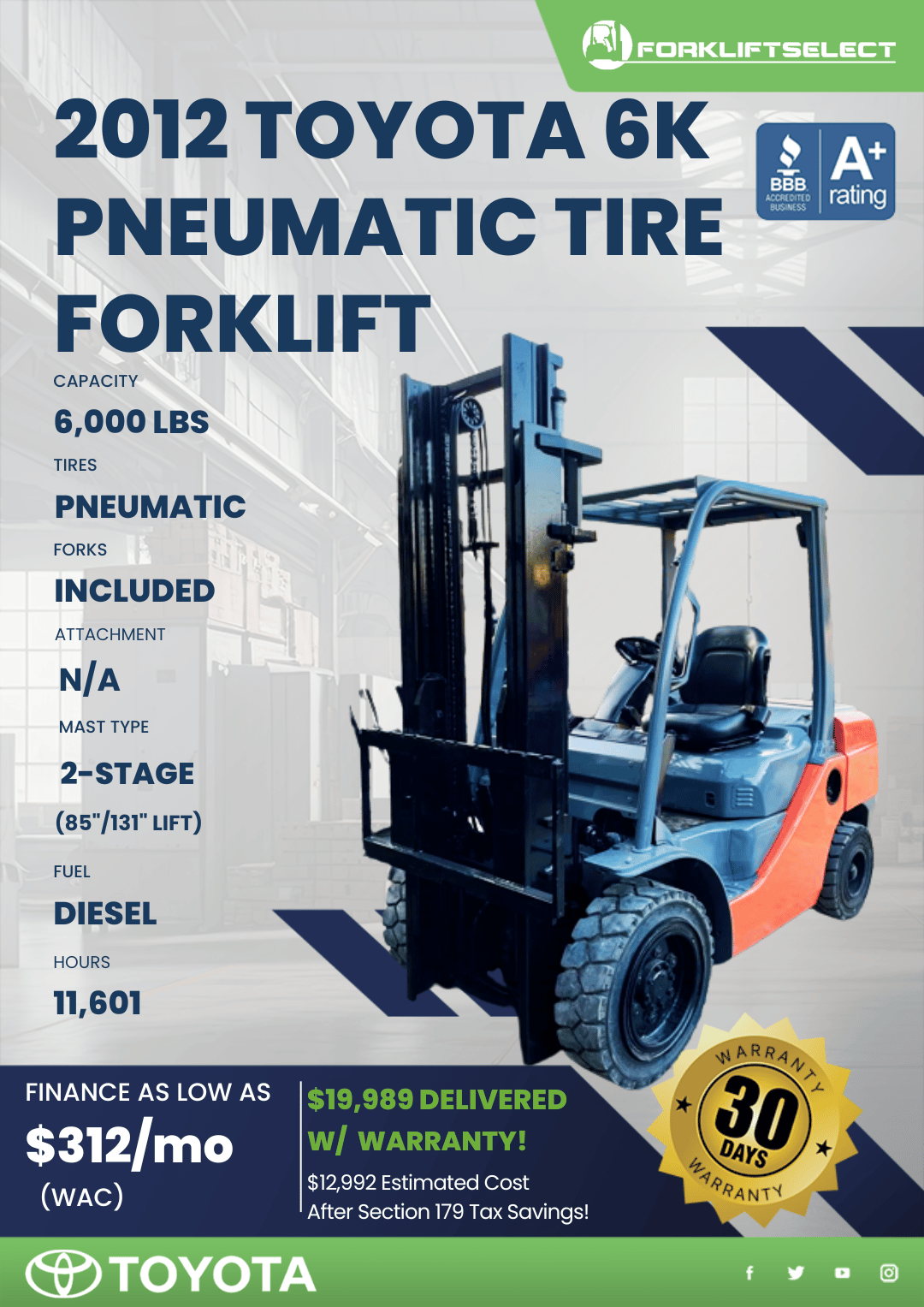 2012 TOYOTA 6K PNEUMATIC TIRE FORKLIFT