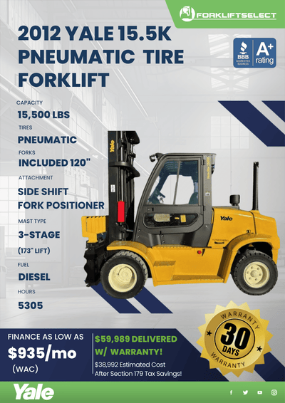 2012 YALE 15.5K PNEUMATIC TIRE FORKLIFT