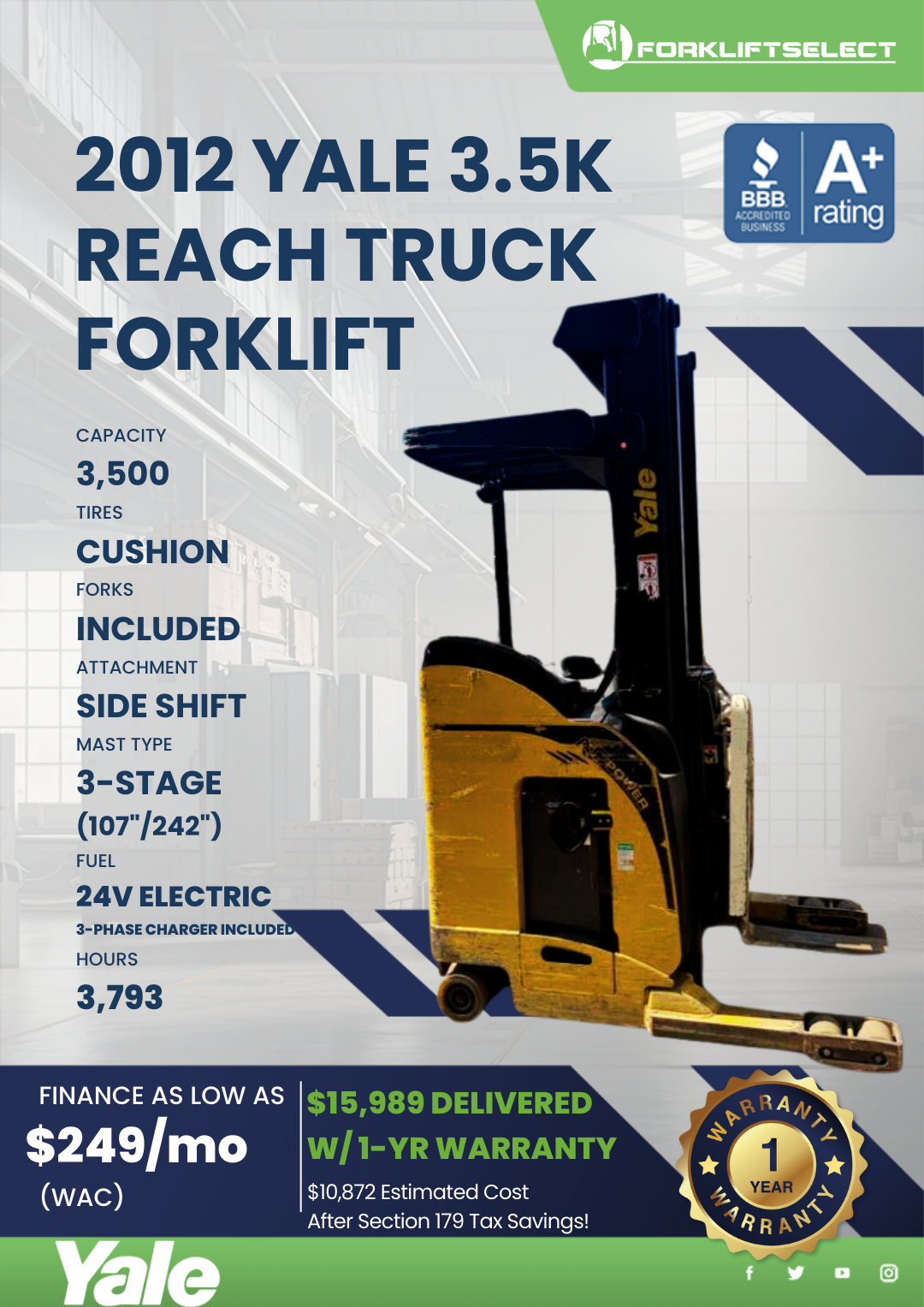 2012 YALE 3.5K REACH TRUCK FORKLIFT