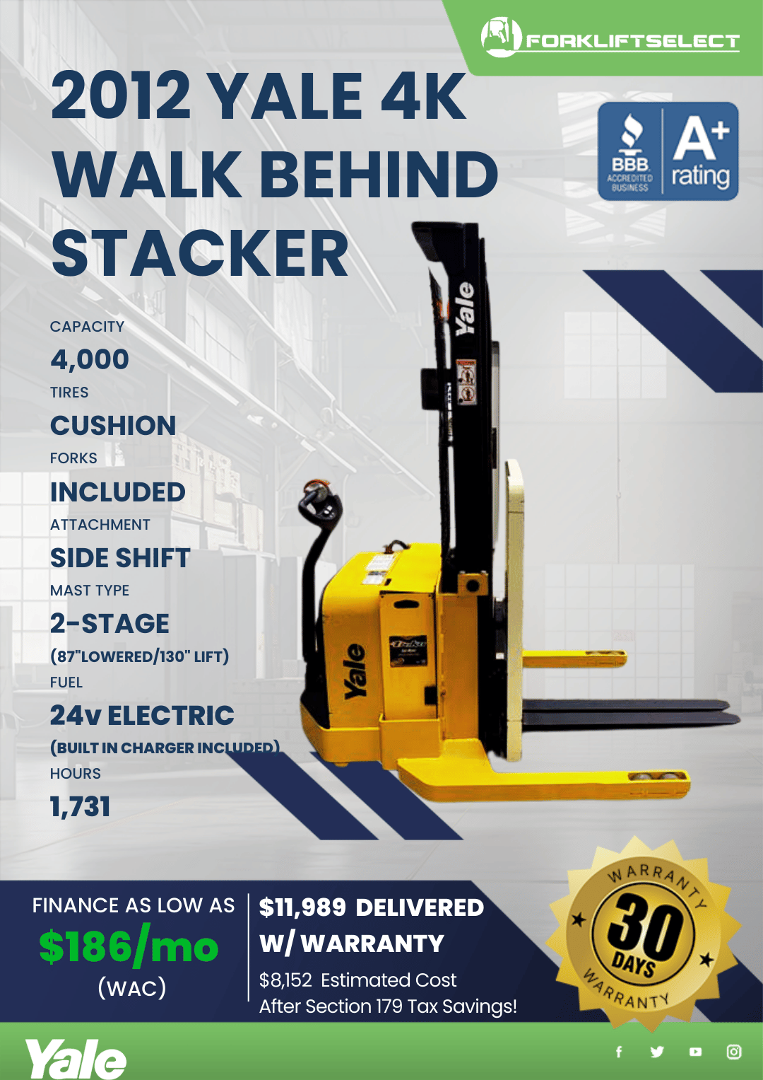 2012 YALE 4 K WALK BEHIND STACKER