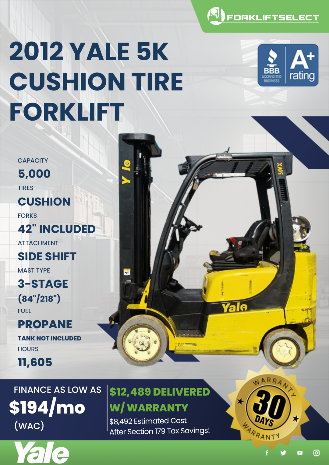 2012 YALE 5K CUSHION TIRE FORKLIFT